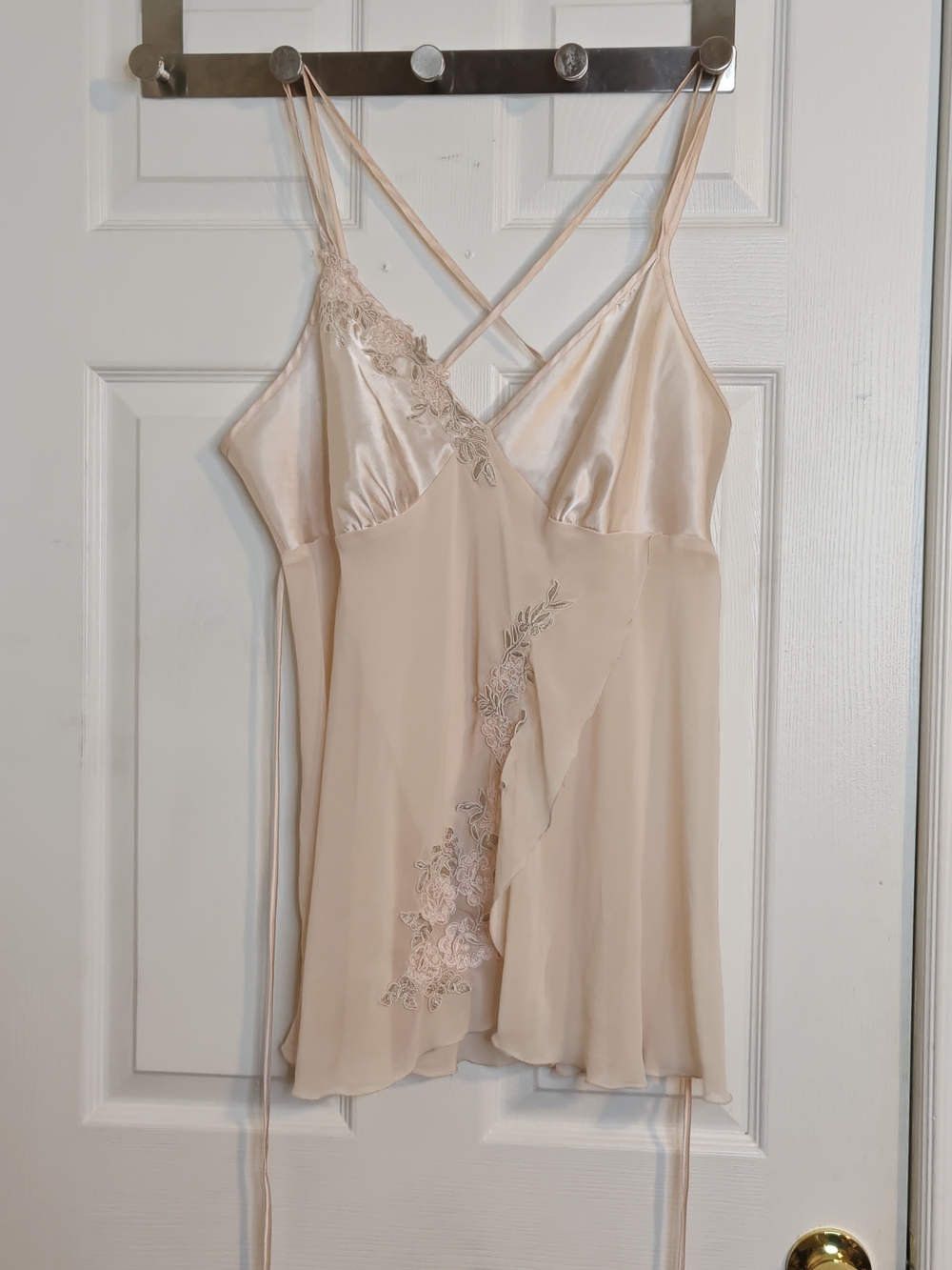 Jessica Cream Silky Satin Chiffon Embroidered Lace Slit Nightie Cami Size XL